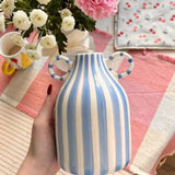 Blue and White Ceramic Vase with Handle, Nordic Boho Small Vases Side Table Flower Centerpiece, Wide Mouth Single Flower Vase