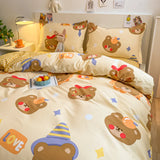 Ikeehome  Thiened Warm Flannel Bedding Set Pure Cotton Bear Pattern Autumn Winter Four-Piece Quilt Cover eet Tee-Piece Set