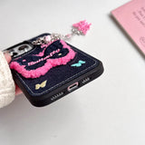 Embroidery Butterfly Jean Cloth Denim Case For iPhone 12 13 14 15 16 Pro Max 11 Phone Case with Pendant Keychain Soft Back Cover
