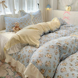 Floral print Korean style Princess Lace Bedding Set Duvet Cover Set Washed Cotton Flat Sheet set Queen For Girl Decor Home