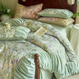3/4Pcs Bedding Set Tencel Cotton Ice Silk French Vintage Pleated Style Luxury Duvet Cover Bed Linen 2 Bedroom With Elastic Band