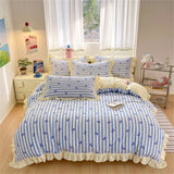 Black Lace Ruffles Korean Bow Decor Bedding Set Duvet Cover Pillowcase Washed Cotton Four-Piece Sets Soft Quilt Cover Bed Sheet