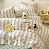 Cute Cartoon Embroidery Stripe Bedding Set Washed Cotton Soft Four Piece Sets Pillowcase Duvet Cover Set 200x230cm Home Textiles