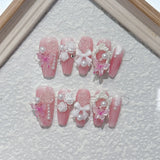 10pcs handmade dark sweet y2k fake nails with glue pink star press on nails long shiny hot girl designs false nails with tools