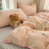 3/4PCS Ins Peach Bedding Set Grey Grid Cherry Embroidery Shell Seam Edge Double-layer Yarn Super Soft Comfortable Bedroom Decor