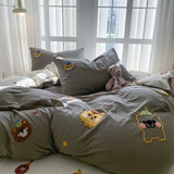 Bedding Set Ins Blue Pink lovely embroidery Mixed With Washed Cotton Minimalist Four Piece Set Fitted Sheets Duvet Cover