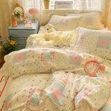 Korean Princess Style 4Pcs Floral Ruffles Bedding Set Single Queen Size Soft Skin-friendly Washed Cotton Duvet Cover Pillowcase