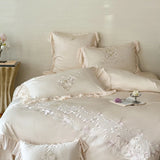 1000TC Egyptian Cotton Flowers Embroidery Lace Ruffles Princess Bedding Set Duvet Cover Flat/Fitted Bed Sheet Pillowcases 4Pcs