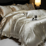 4Pcs Champagne Silk Damask Jacquard Egyptian Cotton Patchwork Luxury Bedding Set Duvet Cover Flat/Fitted Bed Sheet Pillowcases