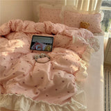 3/4Pcs Korean Princess Style Bow Ruffles Bedding Set Single Queen King Size Duvet Cover Set Bed Sheet Pillowcases