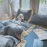 Blue Plaid Lace Ruffles Bedding Set 100% Cotton Double Layer Thread Wrinkled Yarn Duvet Cover Flat/Fitted Bed Sheet Pillowcases