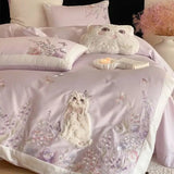 60S Egyptian Cotton Cute Cat Embroidery Purple Floral Butterfly Bedding Set Duvet Cover Bed Sheet/Fitted Sheet Pillowcases 3/4Pc