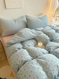 Blue Floral Cotton Quilt Set 4-Piece Folded Linen Pure Cotton Naked Sp Country Sle Bedding Set for Girls