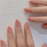 24Pcs Nude Pink Nail Tips Short Round Head False Nails with Design Wearable Finished Fake Nails Full Cover Press on Nails