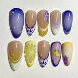 24pcs Cat's Eye False Nails Aurora Blue Short Almond Full Cover Nail Tips Wave Fake Nail Art Reusable Round Head Press on Nails