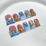 10pcs Ocean Style Fake Nails Duck Bill Press on Nails Set Handmade 3D Flowers Pearl Nail Art Gradient Blush French False Nails