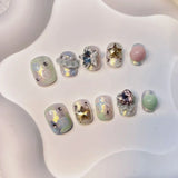 10Pcs Pink Cute Handmade Press on Nails Full Cover Bear Rhinestone Summer French Short False Nails Wearable Manicure Nail Tips