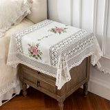 Handmade Crochet Tablecloth Bedside Table TV Safe Cover Towel Printer Lace Hollow Peony Printing Home Decoration Dust Cover