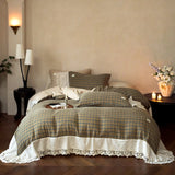 Korean Style Colorful Plaid Princess Bedding Set, 100% Cotton Yarn-Dyed Lace Duvet Cover Bed Sheet/Fitted Sheet Pillowcases 4Pcs