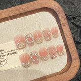 10pcs Nude Pink French False Nails Short Square Cute Press on Nails with Pearl Acrylic Fake Nails with Glue Full Cover Nail Tips