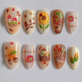 24pcs Flower Butterfly Design False Nails Art Summer Sweet Colorful Smudge Almond Full Cover Nail Rhinestone Press on Fake Nails