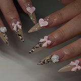 24pcs Long Stilleto Press on Fake Nail Leopard Print Design False Nails with Golden Foil Wearable French Full Cover Nail Art Tip
