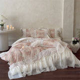 Flowers Print Lace Ruffles Princess Bedding Set Lyocell Soft Silky Duvet Cover Bed Sheet/Bed Skirt/Fitted Sheet Pillowcases 4Pcs