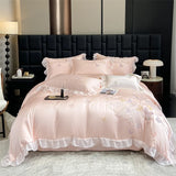 Luxury Bedding Set Butterfly Embroidery Lace Ruffles Ice Silky Soft Summer Bed Set Duvet Cover Set Bed Sheet Pillowcases 4Pcs