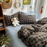 Bedding Set Ins Ambiance Blue Coffee Grid Mixed With Washed Cotton Minimalist Four Piece Set Fitted Sheets Duvet Cover
