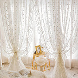 White Pompom Sheer Curtains Girls Room Romantic Vintage Elegant Lace Tulle Filtering Light Window Drapes Curtains for Bedroom