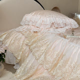 Lace Embroidery Bedding Set Luxury Pink Egyptian Cotton Princess Duvet Cover Bed Sheet Pillowcases Solid Color Bedclothes
