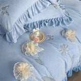 Flowers Embroidery Ruffles Thickened Soft Warm Velvet Bedding Set Queen King Size Plush Duvet Cover Set Bed Sheet Pillowcases