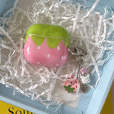 Cute lovely strawberry gloss wireless bluetooth earphone cover case for apple airpods 1 2 3 4 pro pro 2 protector with keychain