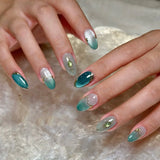 24pcs Oval Press on Nails Tips Spring Summer Aurora Rhinestone Full Cover Nail Sets Blue Cat's Eye False Nail Wearable Fake Nail