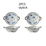 7.5inch Japanese Noodle Bowl With Dual Handles Cat Ceramic Salad Bowl Cat Plant Flower Pattern Kitchen Soup Tableware Bowl