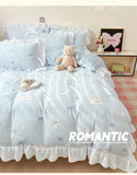 French Princess Lace Ruffles Bedding Set Washed Cotton Skin-friendly Duvet Cover Set with Sheet Soft Printed Flowers Quilt Cover