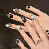 10pcs Short Coffin Fake Nails Gray Cat's Eye Handmade Press On Nails Glitter Stars Diamond Decor Ballerina Black Punk False Nail