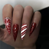 24pcs Round Head Almond False Nails Christmas Glitter Red Full Cover Nail Tips Fashion Snowflake Design Long Press on Fake Nails