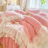 4Pcs Korean Princess Style Winter Thick Warm Milk Velvet Bedding Set Three-layer Lace Ruffles Duver Cover Bed Skirt Pillowcases