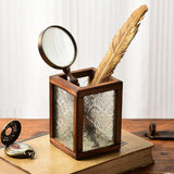 Begonia Glass Solid Wood Pen Holder Vintage Style Desktop Organizer Creative Stationery and Makeup Brush Storage Box