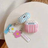 Pink Blue Dots Vertical Stripes Earphone Cover Case with Keychain for Airpods 1, 2, Pro/pro2/pro3, 3, 4, Dustproof, Anti-fall