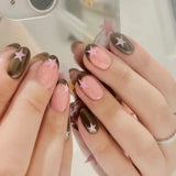 24Pcs Blue Almond False Nails Yellow French Press On Nails Five-pointed Star/Polka Dot Printed Y2K Girls Finished Fake Nails