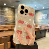 INS Cute Glitter 3D Cherry Bow Clear Phone Case For iPhone 16 15 14 13 12 11 Pro Max Pearl Shockproof Phone Case Cover