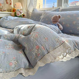 Korean Style Girly Heart Floral Double Layer Gauze Four-Piece Set Princess Style Lace Trim Quilt Cover Bed Sheet Dormitory