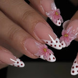 24Pcs Y2K Almond Press on Nails 3D Pink Flowers Stick on Nails Polka Dot Nail Sweet Cool Leopard Print False Nails Metal Nail