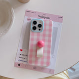 Korean INS Pink Checker Matte Double Layers Ring Strap Phone Case for iPhone 16 15 14 13 Pro Max Back Cover for 12 Pro Funda