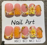 10pcs Beach Vacation False Nails Short Square 3D Pink Yellow Flowers Nail Starfish Pearl Shell Fake Nails Sweet Press on Nails