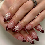 24pcs French Simple Wine Red Fake Nails New Year Almond Press on Nails Valentine Bownot Designs Wearable Acrylic False Nail Tips
