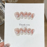 10Pcs Cute Cat Eye Almond Fake Nail Blue Shiny with Small Rhinestone Nail Art Nude Color Short Oval Finished Artificial Manicure