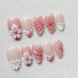Almond Press on Nail 3D Flower Ripples False Nails Pink Gradient Pearl French Fake Nails Wearable Manicure Strawberry Nails 3d